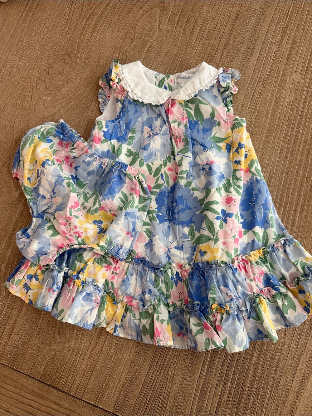 Ralph Lauren White Collared Floral Dress & Bloomer - Blue, Yellow, Pink, Green